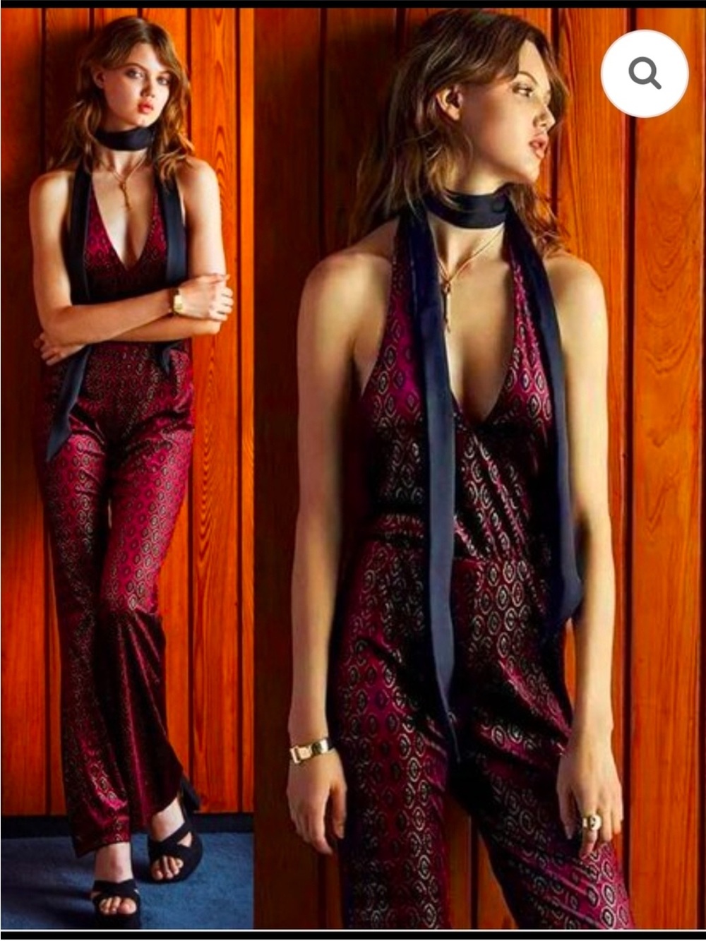 Motel Rocks Moody Maroon Burgundy Metallic Halter Wide Leg Jumpsuit  70s Party - Picture 5 of 14